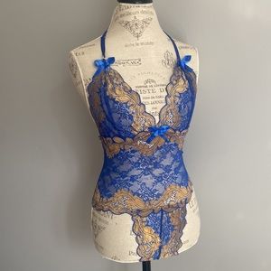 SHEIN MEDIUM Blue Gold Lace BodySuit Thong Halter Bow Accents Lingerie